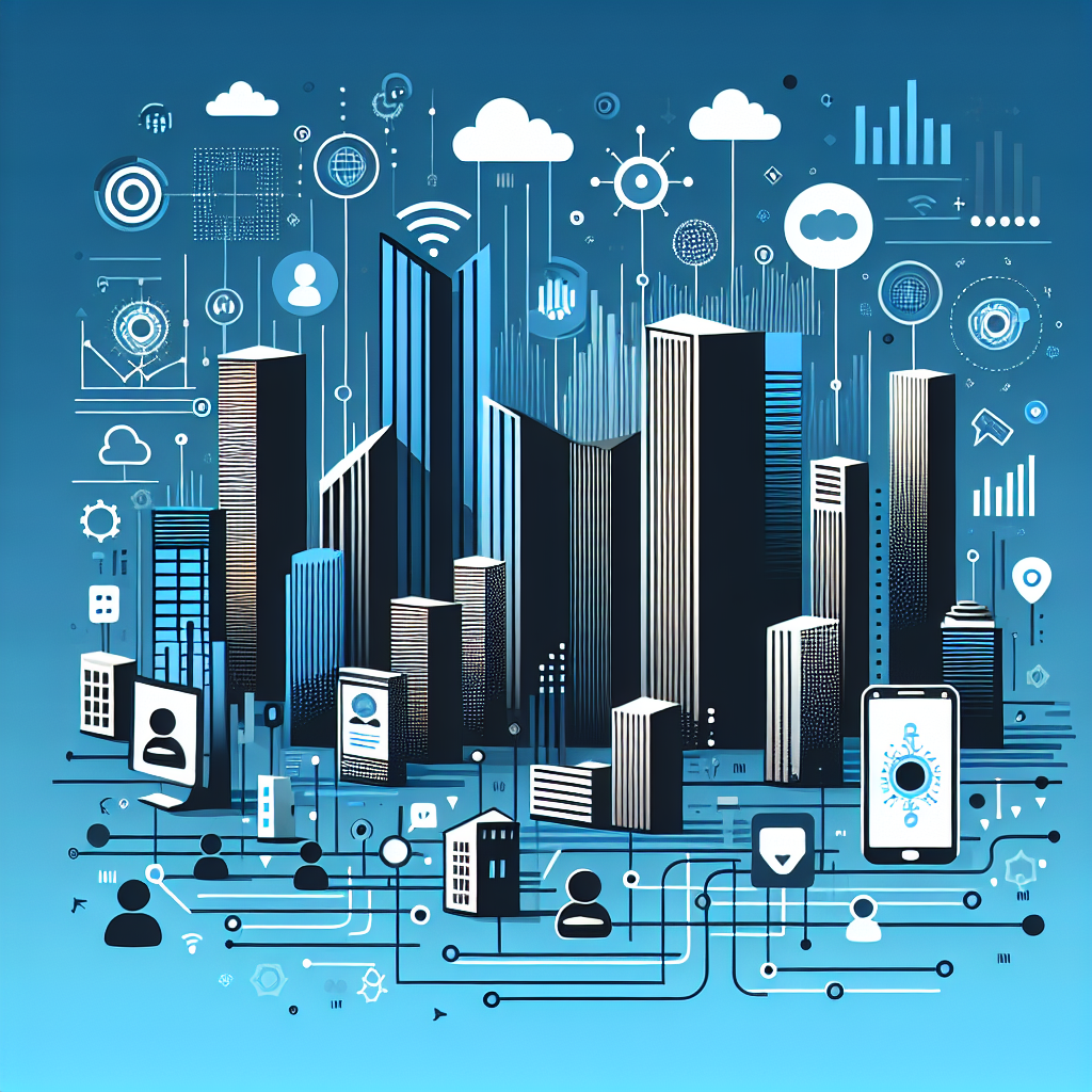 Professional cityscape silhouette featuring AI companions against a Gulf Blue and Stratos gradient background, illustrating property management digital solutions with minimalist tech elements and playful icons.