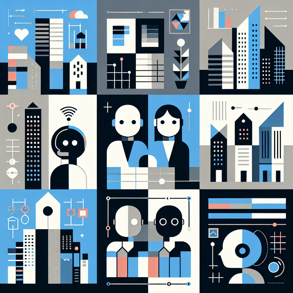 Bold image showcasing property management industry trends in 2024, featuring minimalist illustrations of modern cityscapes and friendly AI companions interacting with property managers, in brand colors Stratos, Gulf Blue, Black, and White, with a clean and dynamic tech-oriented design.