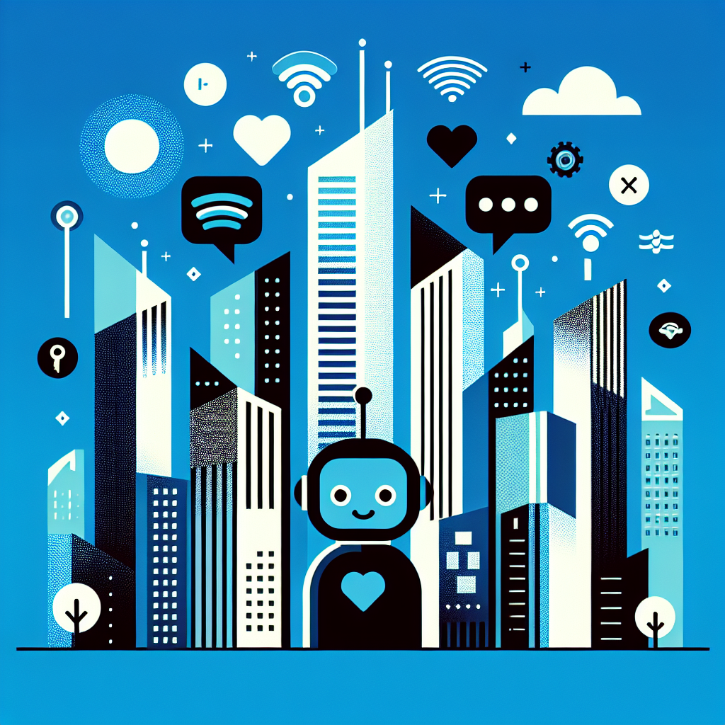 Vibrant image showcasing property management innovation with minimalist skyscrapers and playful AI companions, set against a Gulf Blue background, reflecting a modern and approachable theme.