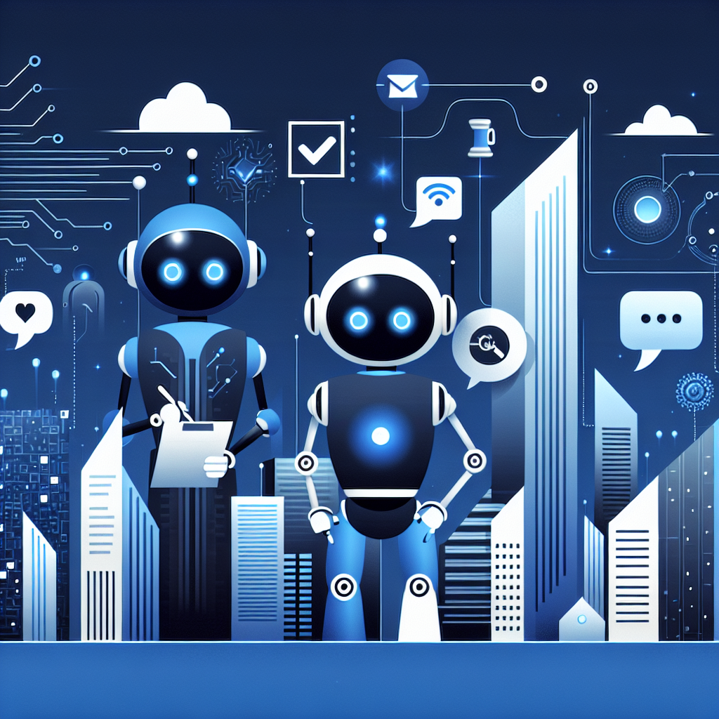 Futuristic city skyline in deep blue with abstract buildings, featuring friendly cartoon robots holding legal documents, symbolizing AI support in property management legal documentation, with pop-art influences and digital elements for a vibrant yet professional look.