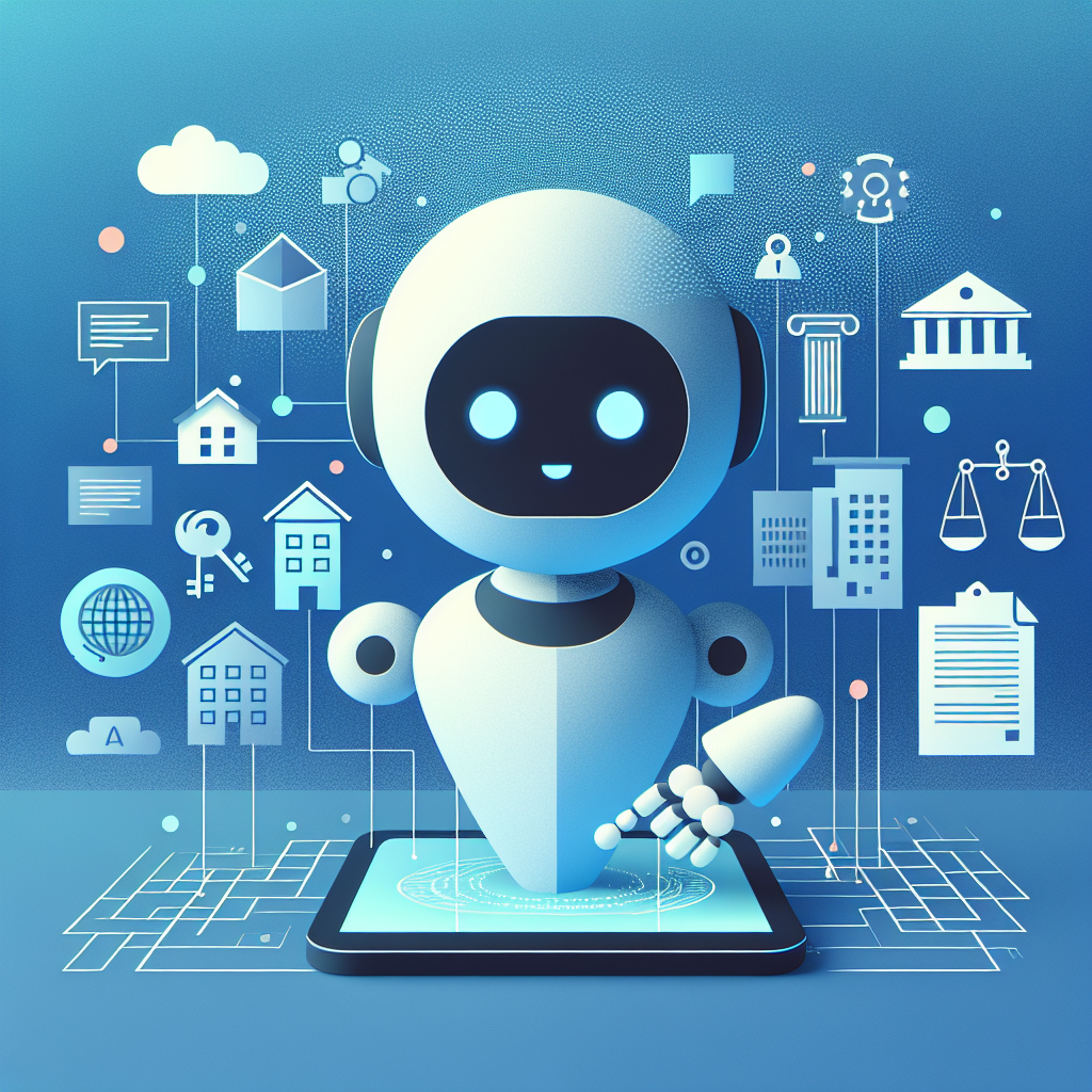 AI figure assisting with property management legal requirements, surrounded by icons of buildings, keys, legal documents, and scales of justice, set against a Gulf Blue gradient background with cityscape outlines and playful elements.