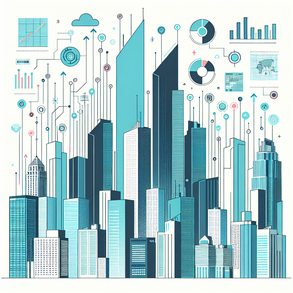 Modern city skyline illustration featuring contemporary buildings in Stratos and Gulf Blue with Black outlines on a White backdrop, integrating upward-pointing arrows and charts to represent property management market trends, complemented by abstract tech elements like circuit patterns, all in a clean, minimalist style.