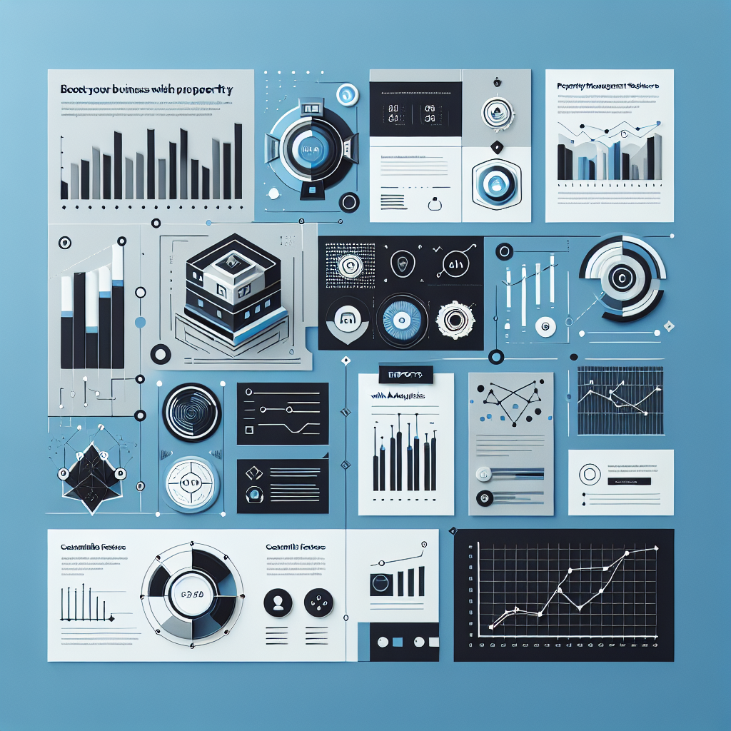 Flat illustration of a dashboard with data analytics, graphs, and reports for property management software with reporting and analytics, featuring a Gulf Blue background, minimalist icons, and a sleek modern title, embodying a professional and tech-savvy aesthetic.
