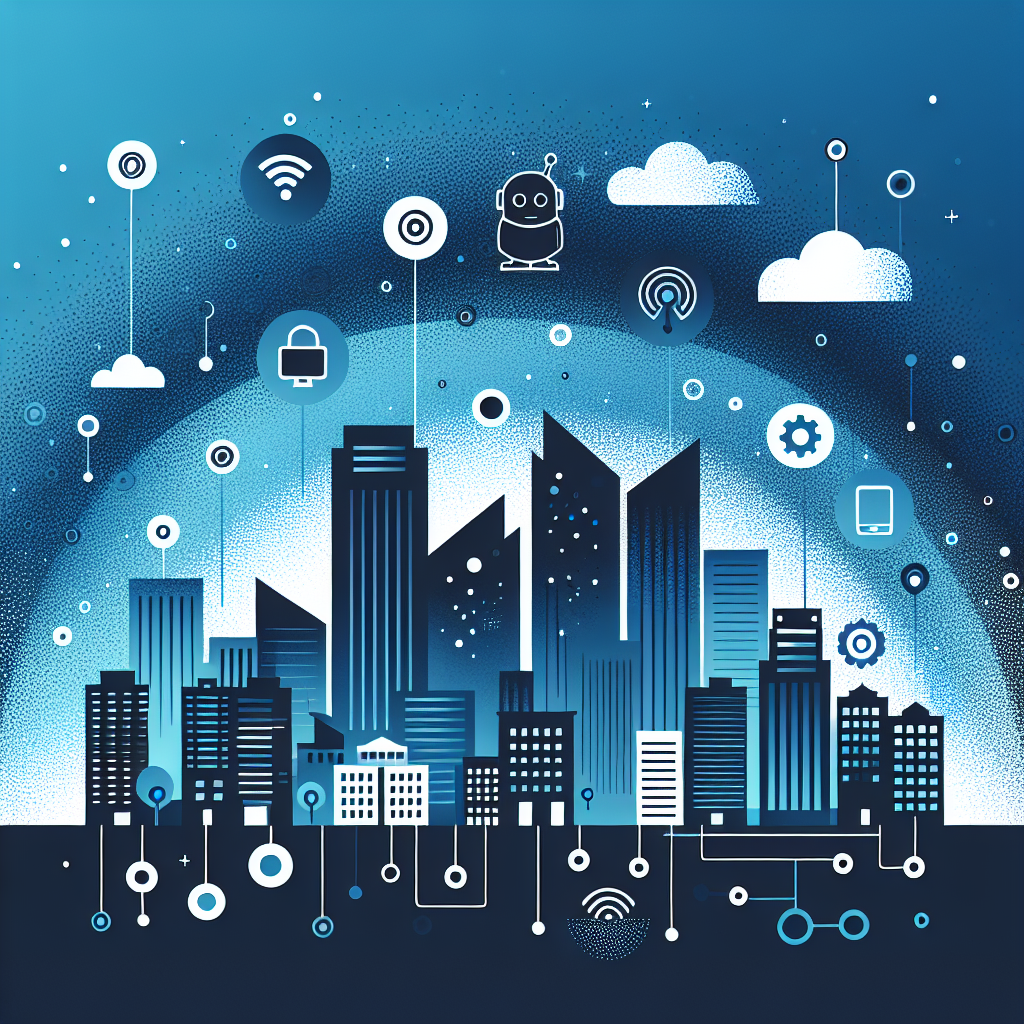 Image featuring a modern gradient background of Stratos and Gulf Blue with a minimalist black city skyline, stylized buildings, and flat illustrations of technology devices representing property management technology trends, accompanied by playful AI companion designs, all in a cohesive minimalist style.