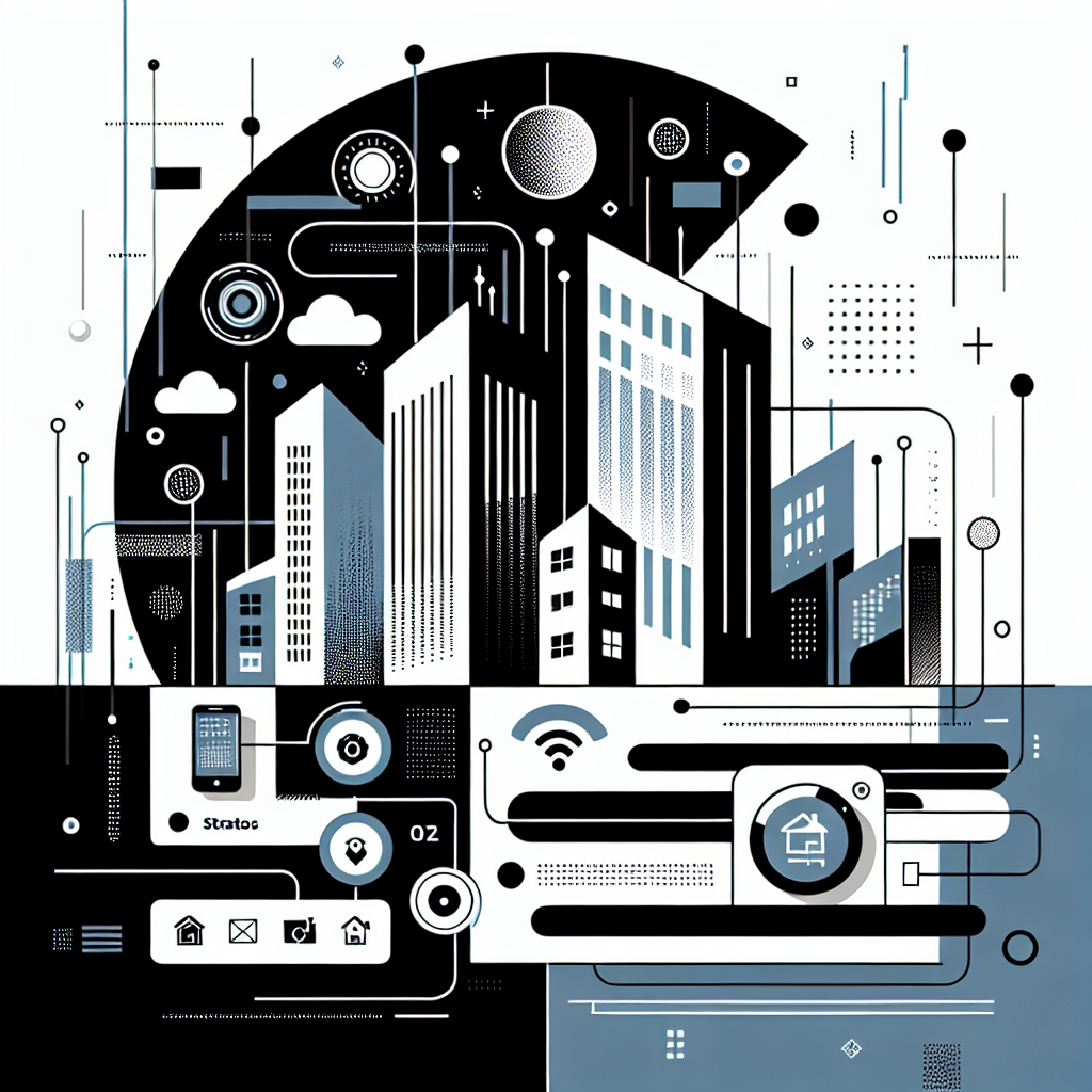 A modern professional illustration featuring a cityscape silhouette in Stratos and Black, flat illustrations of smart home devices and digital interfaces in Gulf Blue and White, and bold dynamic lines, representing property management trends and technology integration in the real estate sector.