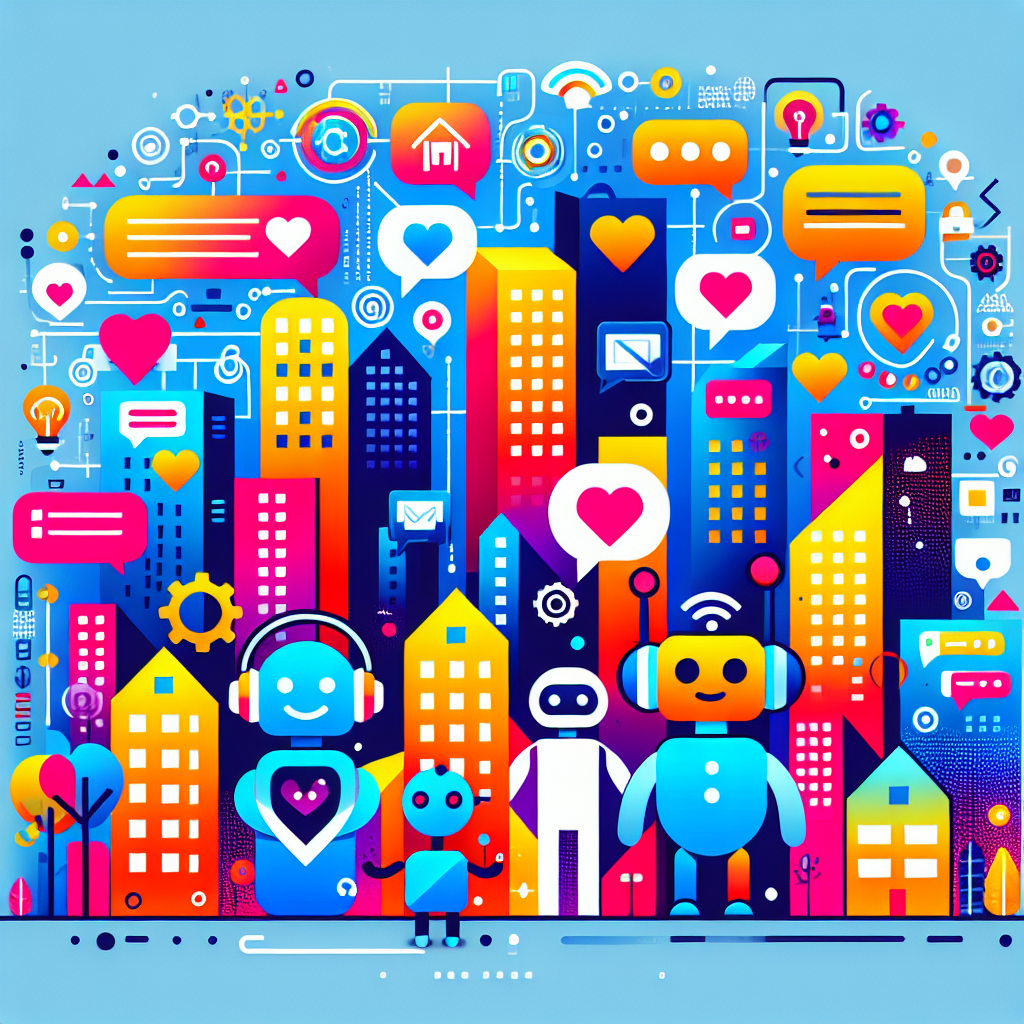 Vibrant illustration depicting a stylized cityscape with colorful buildings, friendly AI companions represented as playful cartoon characters, and personalized symbols like hearts and chat bubbles, embodying the concept of rent payment software for landlords in a fun and engaging way.