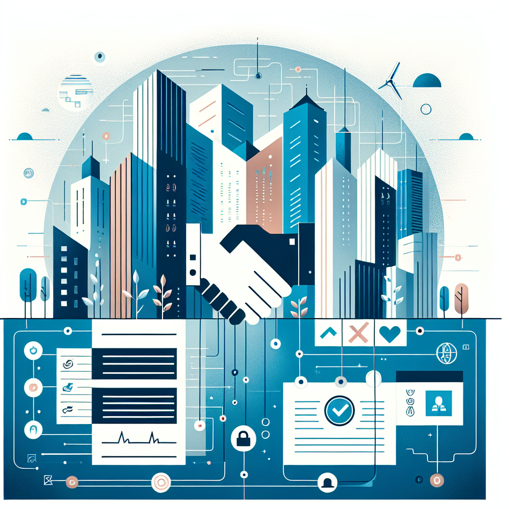Professional cityscape illustration for 'Unify LIV' blog on rental agreement legal requirements featuring minimalistic buildings, legal documents, and a handshake symbol against a sleek, abstract background in Stratos and Gulf Blue colors.