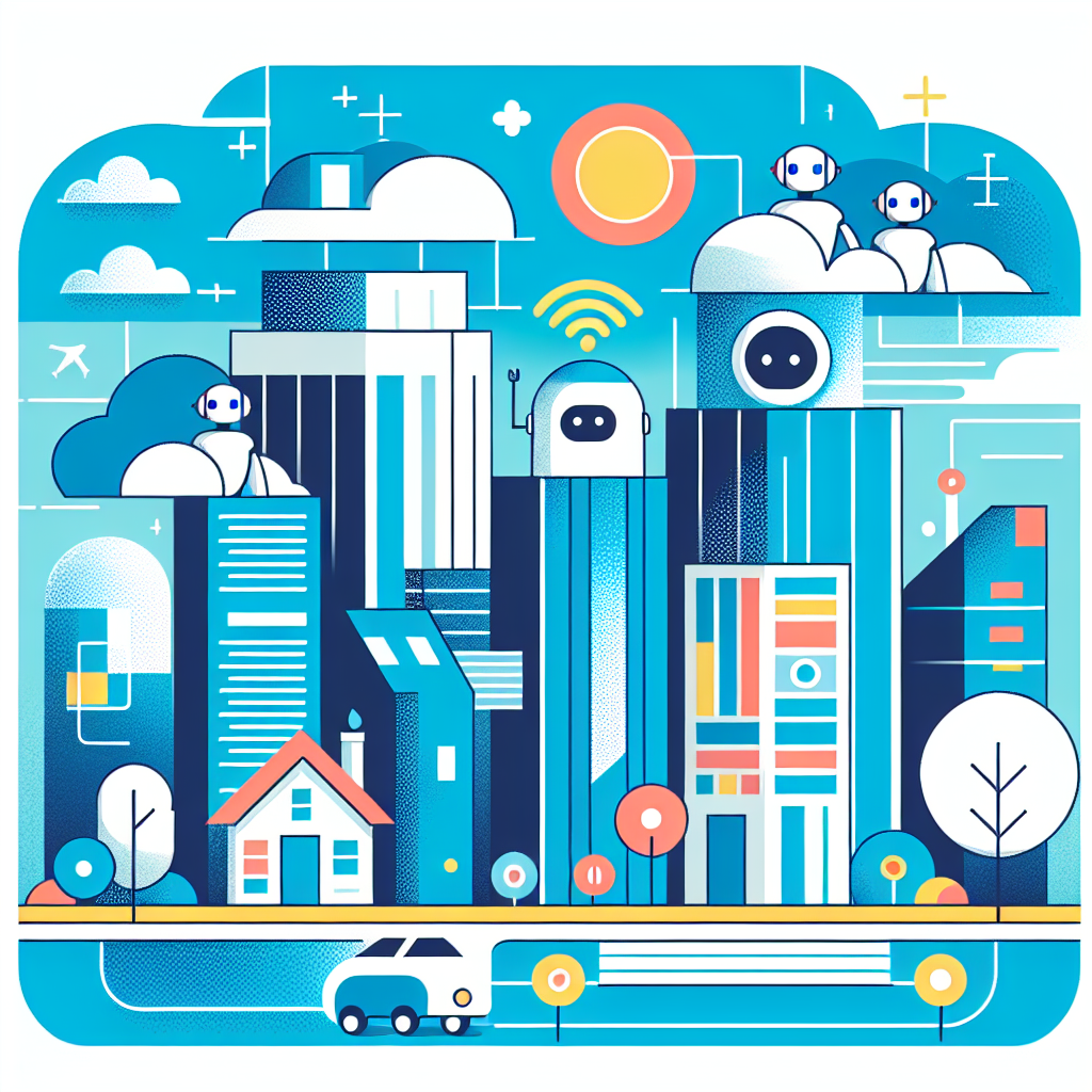 Vibrant cityscape illustration featuring modern buildings in Stratos, Gulf Blue, and White, with playful AI companion silhouettes interacting with home icons, representing residential property management services in a fun, minimalist style