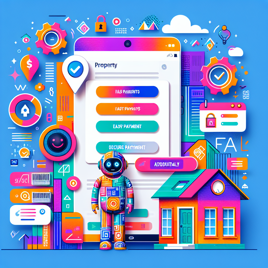 Vibrant illustration depicting a digital device showcasing a property listing with a pop-up for 'Secure Payment', accompanied by a friendly AI character, emphasizing secure online payment for properties with playful graphics and colorful elements.