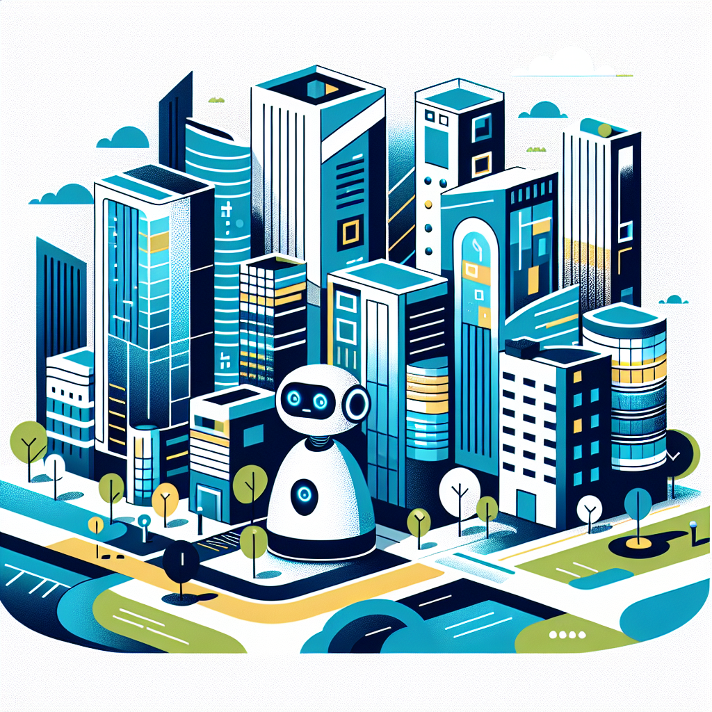 Flat illustration of a modern cityscape showcasing smart building trends with sleek high-rise buildings in Stratos and Gulf Blue, featuring minimalist designs and smart functionality. In the foreground, friendly abstract AI companions in black and white add a whimsical touch, surrounded by greenery for a vibrant contrast, all in a professional, clean layout.