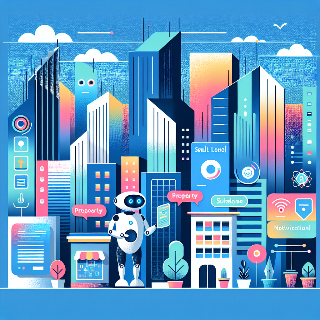 Vibrant flat illustration of a dynamic cityscape with stylized buildings in a bold color palette, featuring playful AI companions interacting within a property management context, embodying smart property management trends with elements of personalization and warmth.