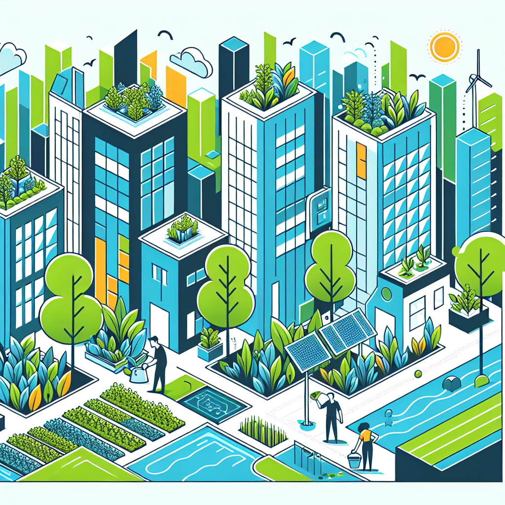 Vibrant cityscape featuring sleek buildings in Stratos and Gulf Blue, adorned with lush rooftop gardens and solar panels, representing sustainable property management practices. Playful cartoon-like trees with vibrant leaves enhance the eco-friendly theme, while tech elements subtly suggest interactions with nature, creating a professional yet engaging visual identity.