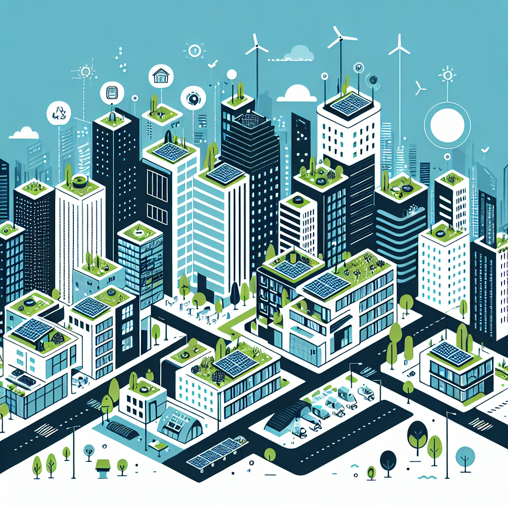 Cityscape illustration showcasing sustainable property management trends with modern buildings featuring green rooftops and solar panels, integrated trees, and minimalist tech elements, using a color palette of Stratos, Gulf Blue, Black, and White.