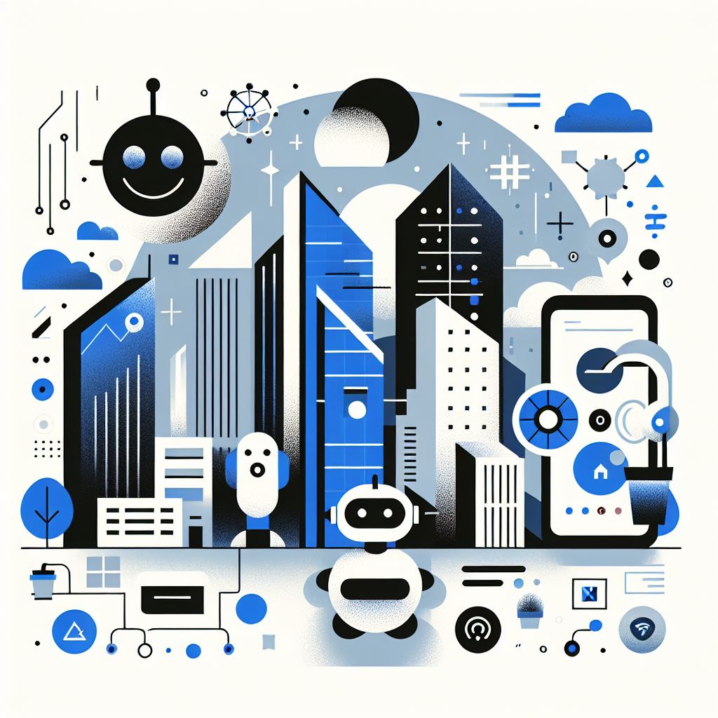 Illustration depicting technology adoption in property management featuring modern cityscapes, AI companions, and minimalist design elements on a clean white background using brand colors Stratos, Gulf Blue, Black, and White.