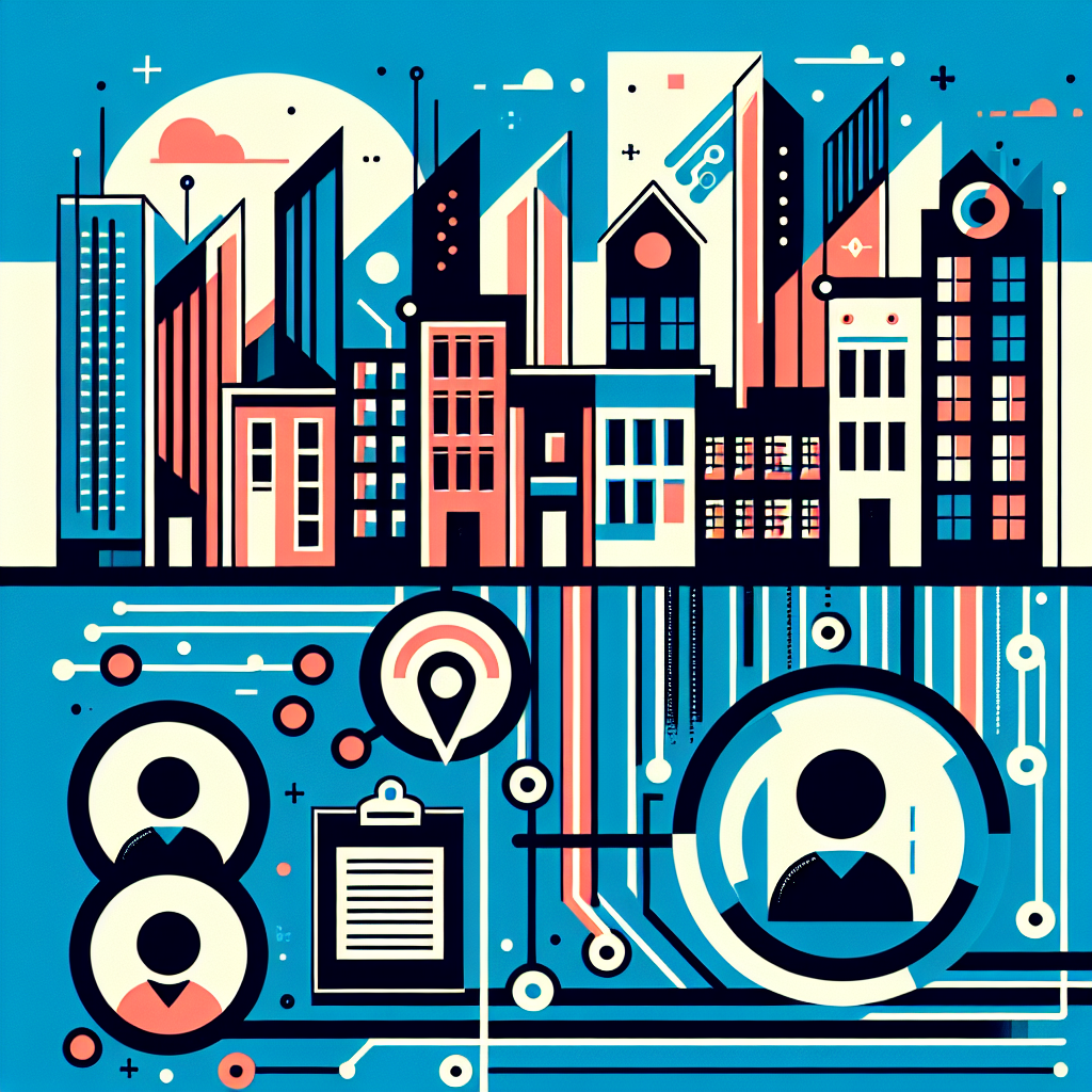 Flat illustration of a cityscape featuring bold outlines in Stratos and Gulf Blue, with minimalist legal documents and abstract icons representing landlords and tenants, highlighting tenant agreement legal requirements within a professional, tech-inspired design.