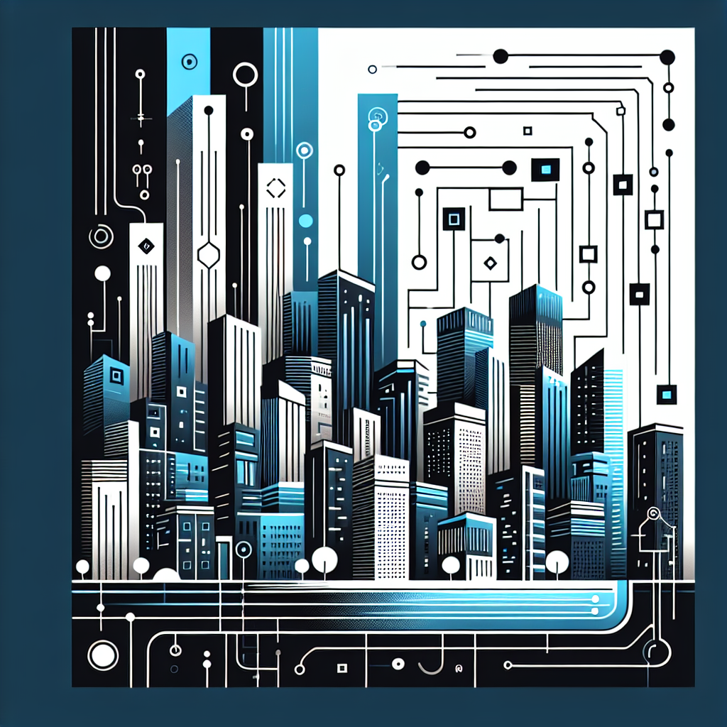 Stylized cityscape featuring modern buildings and abstract AI tool elements in Stratos, Gulf Blue, Black, and White, representing professionalism and minimalism for tenant eviction documentation in real estate management.