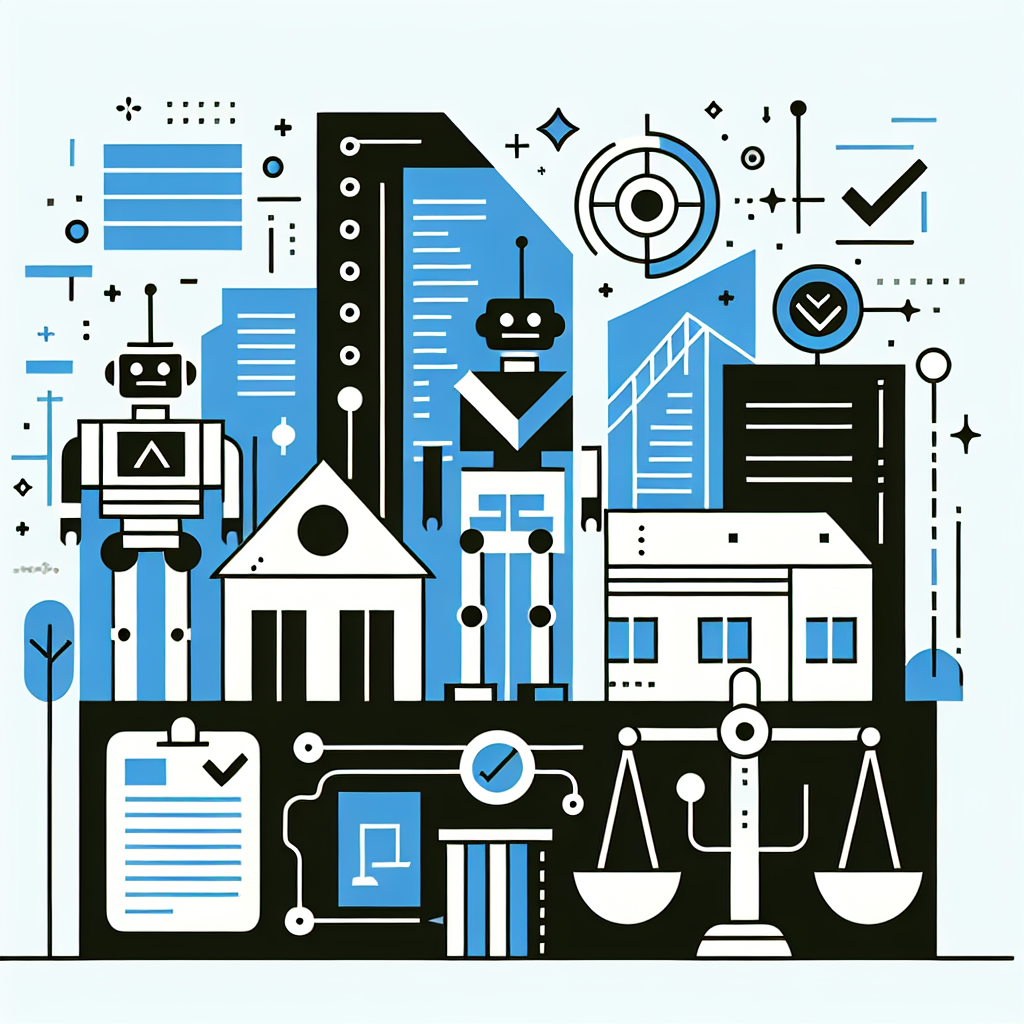 Flat illustration featuring a minimalist cityscape with AI elements, showcasing tenant eviction guidelines and rights, in a professional style using the Unify LIV color palette of Stratos, Gulf Blue, Black, and White.