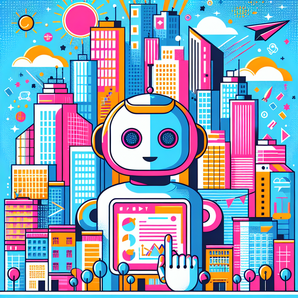 Vibrant pop-art cityscape featuring modern apartment buildings with a friendly AI companion interacting with documents and tablets, symbolizing support in the tenant eviction process documentation, designed in All My Love brand colors of bright pink, soft blues, and yellows.