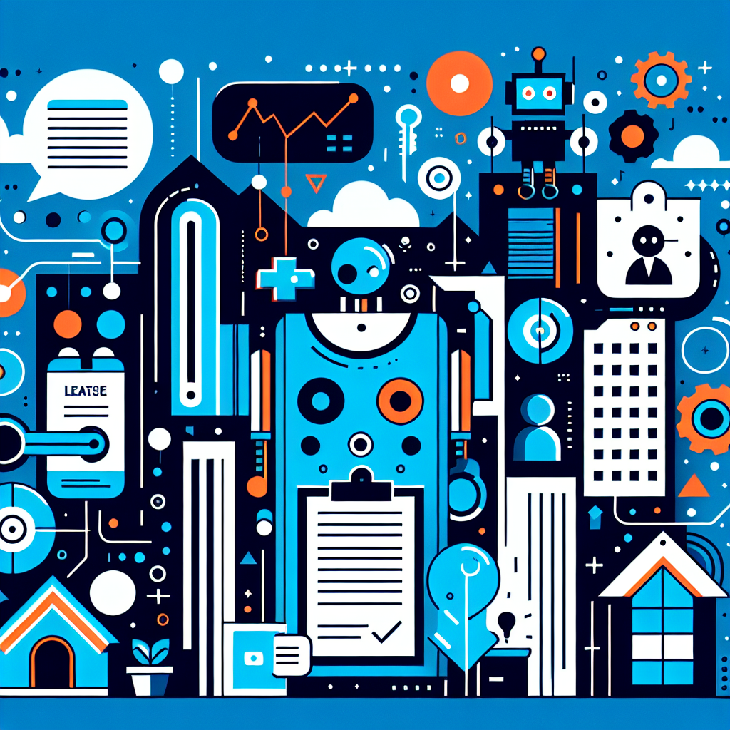 Flat illustration of a cityscape with minimalist buildings in Gulf Blue background featuring playful AI companions, symbolizing tenant lease agreement laws, surrounded by vibrant abstract shapes and whimsical icons like keys and houses.