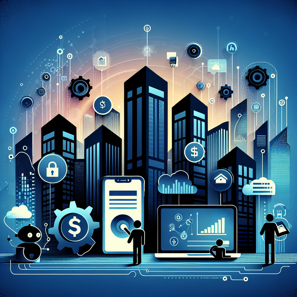 Image depicting a modern cityscape silhouette in black against a gradient background of Stratos and Gulf Blue, featuring a smartphone showing a tenant payment portal app, a laptop with finance graphs, and playful AI companions celebrating tech-enabled transactions, illustrating the benefits of a tenant payment portal.