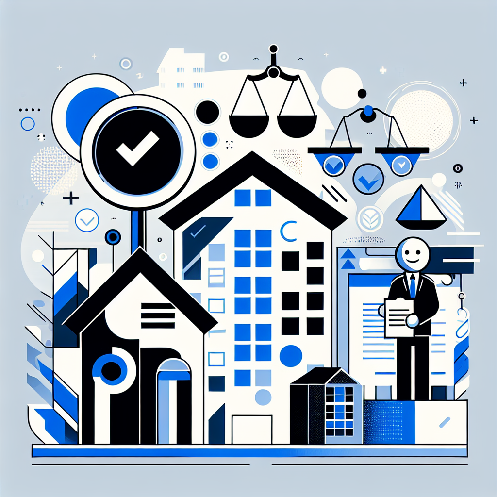 Image of a minimalist city skyline with geometric buildings in Stratos and Gulf Blue, featuring icons for tenant rights and responsibilities, including a house with a checkmark, a shield, and scales, alongside a friendly AI companion, all on a white background, emphasizing fair housing principles.